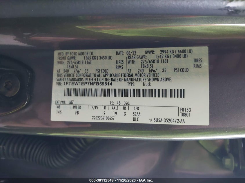 VIN 1FTEW1EP7NFB59814 2022 FORD F-150 XLT