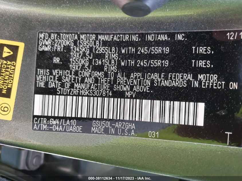 2019 TOYOTA HIGHLANDER LIMITED/LTD PLATINUM - 5TDYZRFH6KS307814