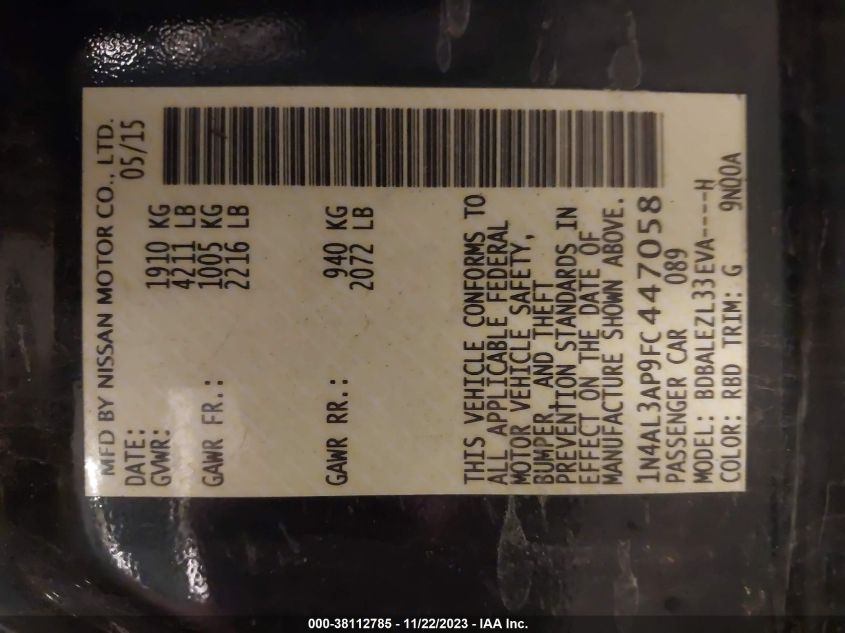 2015 NISSAN ALTIMA 2.5 S - 1N4AL3AP9FC447058
