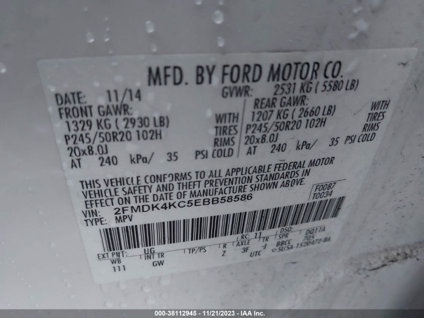 2FMDK4KC5EBB58586 2014 FORD EDGE, photo no. 9