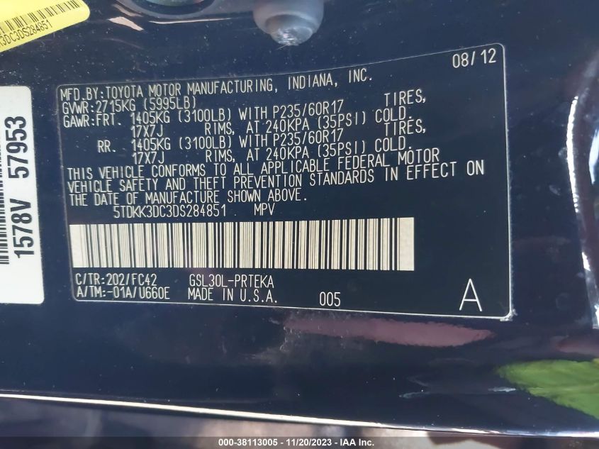 2013 TOYOTA SIENNA LE V6 8 PASSENGER - 5TDKK3DC3DS284851