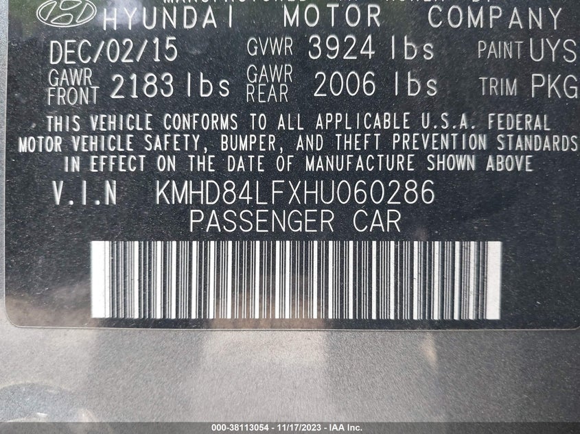 VIN KMHD84LFXHU060286 2017 HYUNDAI ELANTRA SE