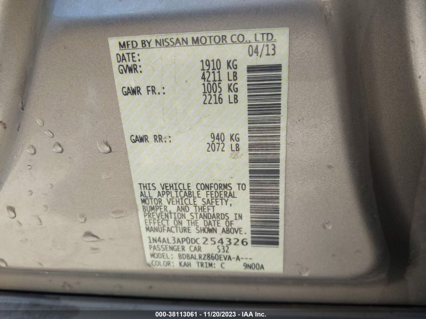 2013 NISSAN ALTIMA 2.5 S - 1N4AL3AP0DC254326