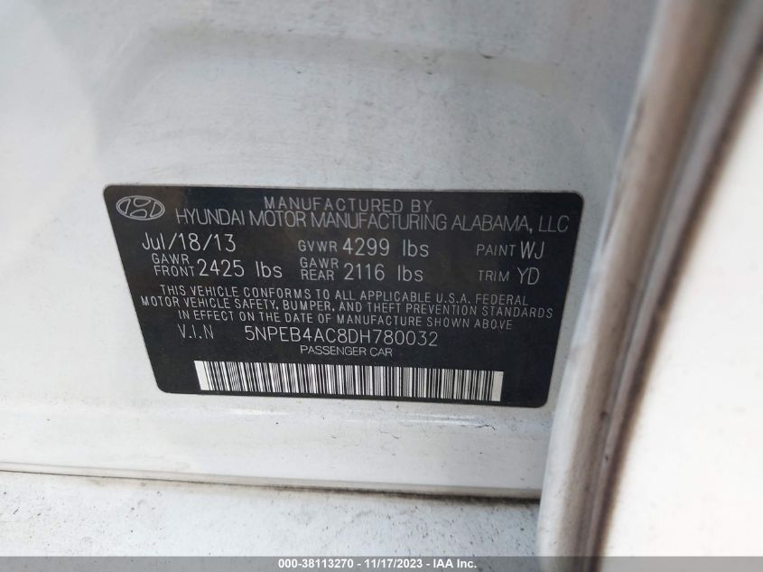 2013 HYUNDAI SONATA GLS - 5NPEB4AC8DH780032