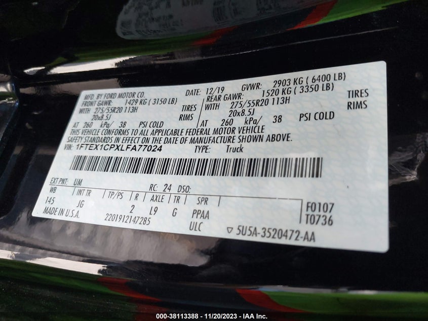 VIN 1FTEX1CPXLFA77024 2020 FORD F-150 XL