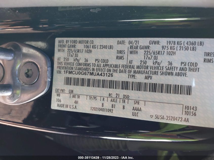 2021 FORD ESCAPE SE - 1FMCU0G67MUA43126