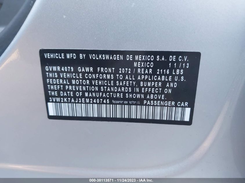2014 VOLKSWAGEN JETTA 2.0L S - 3VW2K7AJ3EM240745