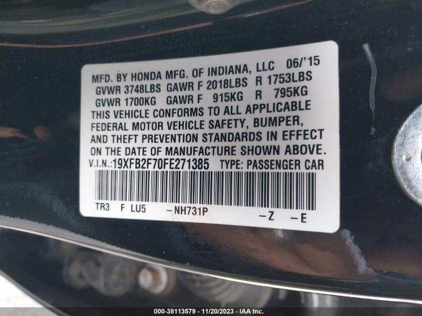 2015 HONDA CIVIC SE - 19XFB2F70FE271385