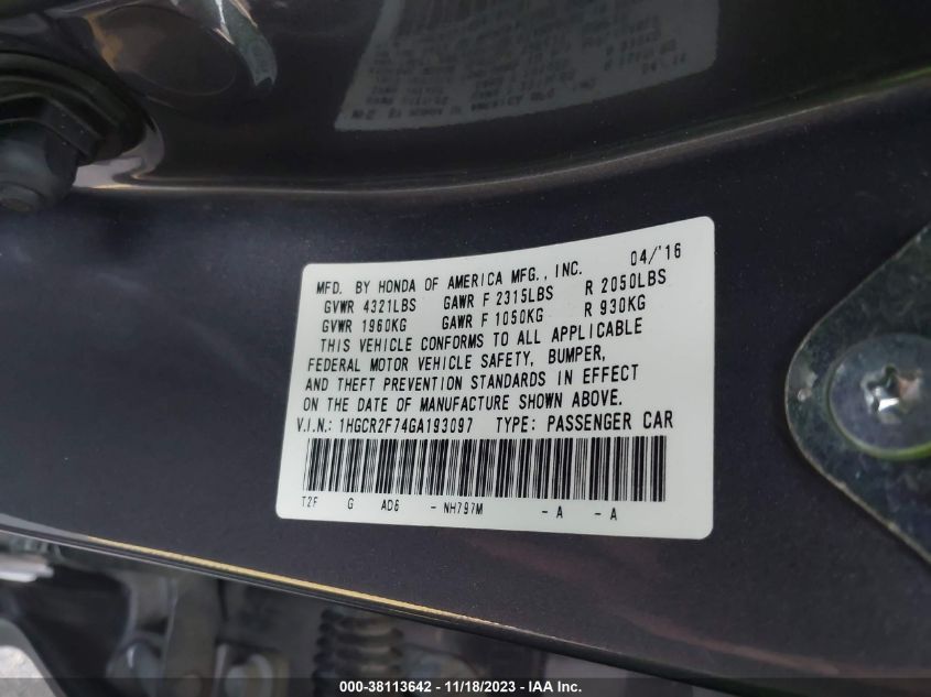 2016 HONDA ACCORD EX - 1HGCR2F74GA193097