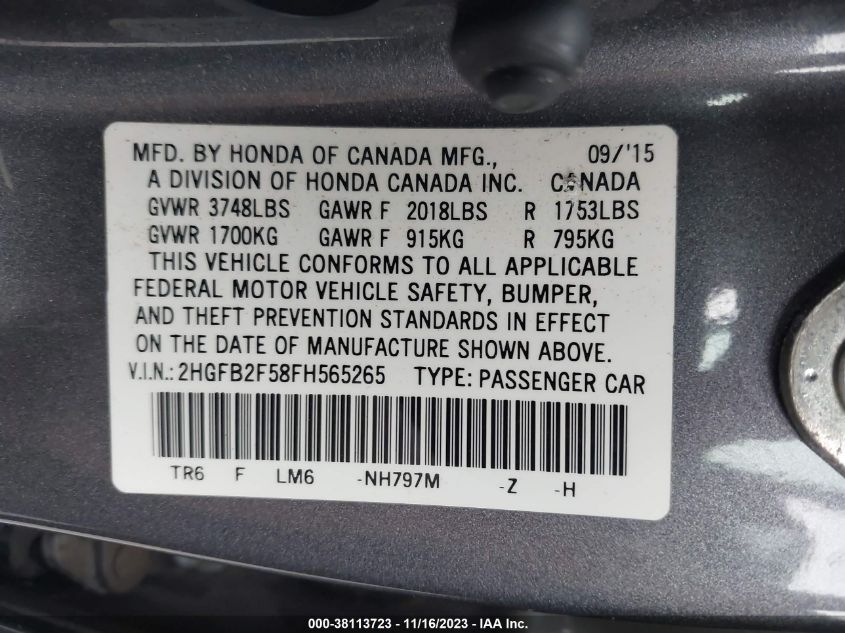 2015 HONDA CIVIC LX - 2HGFB2F58FH565265