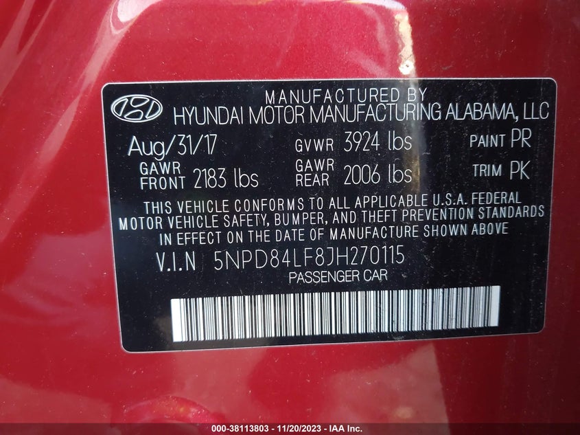 VIN 5NPD84LF8JH270115 2018 HYUNDAI ELANTRA SEL