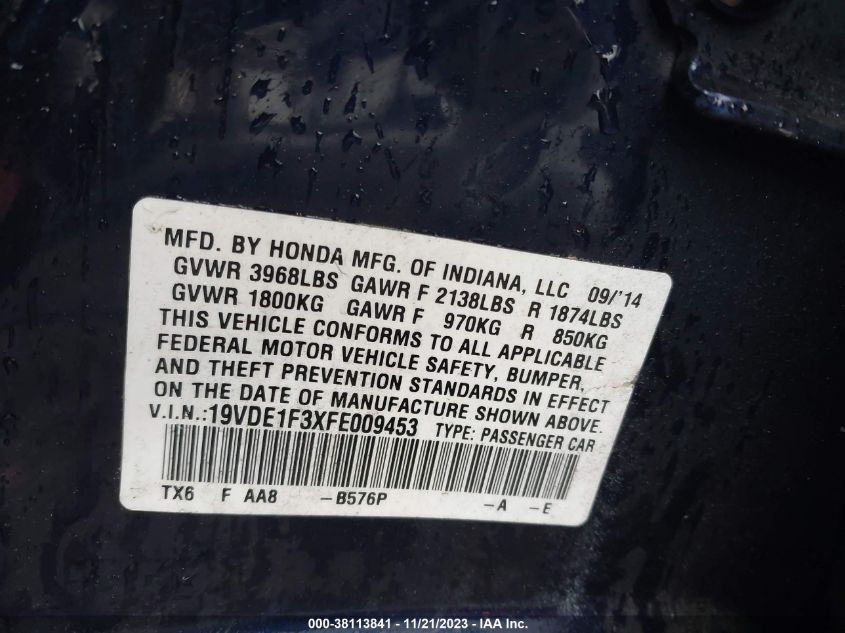 2015 ACURA ILX 2.0L - 19VDE1F3XFE009453