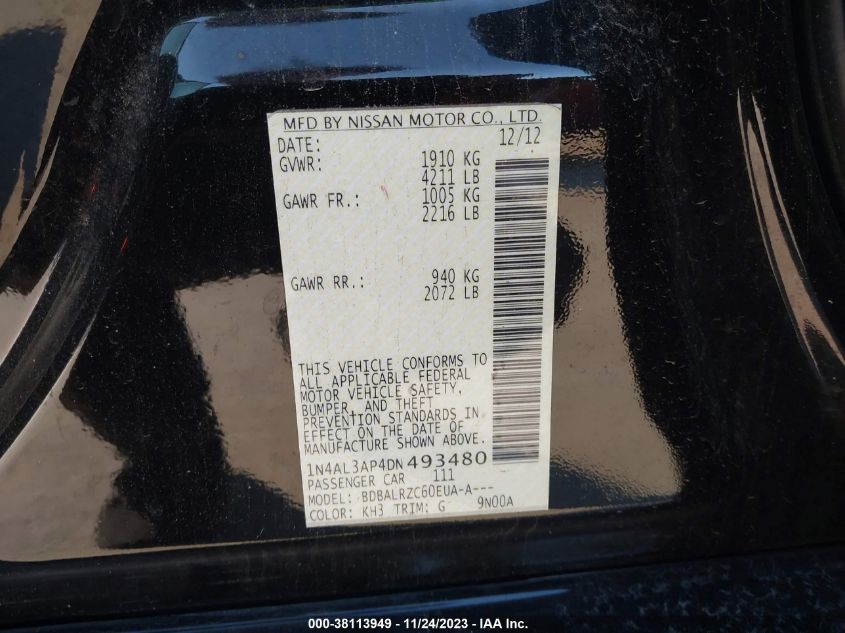 2013 NISSAN ALTIMA 2.5/S/SV/SL - 1N4AL3AP4DN493480