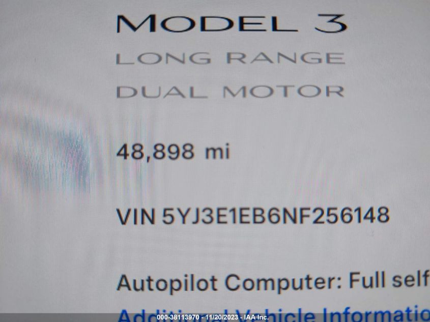 2022 TESLA MODEL 3 LONG RANGE DUAL MOTOR - 5YJ3E1EB6NF256148