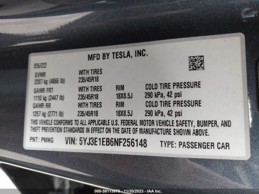 2022 TESLA MODEL 3 LONG RANGE DUAL MOTOR - 5YJ3E1EB6NF256148
