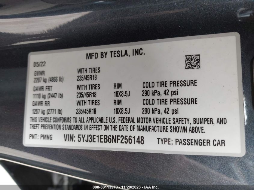 2022 TESLA MODEL 3 LONG RANGE DUAL MOTOR - 5YJ3E1EB6NF256148