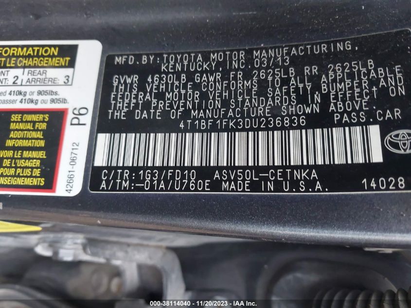 2013 TOYOTA CAMRY LE - 4T1BF1FK3DU236836