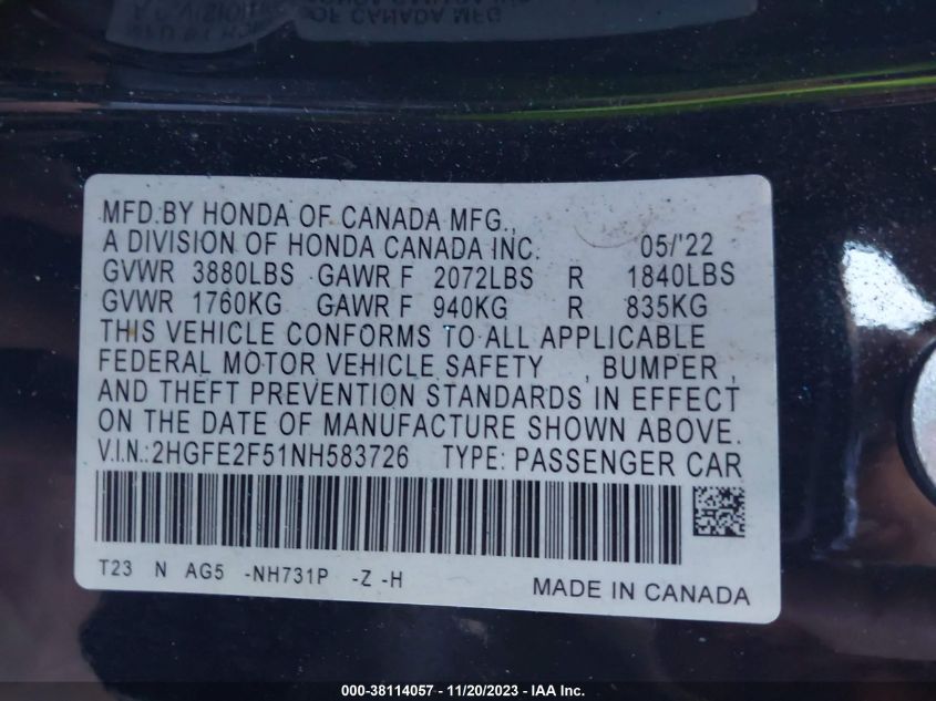 VIN 2HGFE2F51NH583726 2022 HONDA CIVIC SPORT