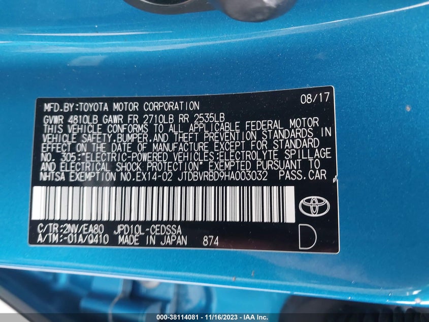 VIN JTDBVRBD9HA003032 2017 TOYOTA MIRAI
