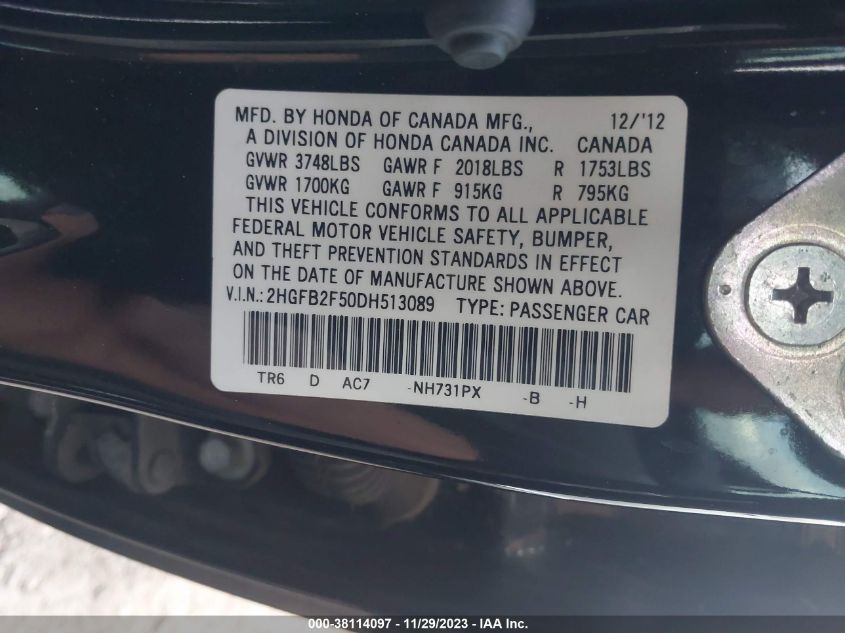 2013 HONDA CIVIC LX - 2HGFB2F50DH513089