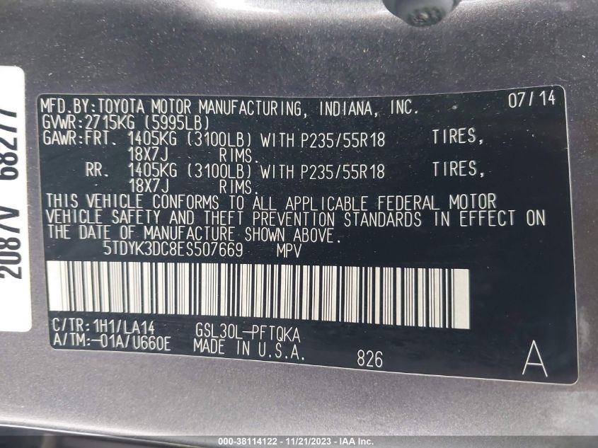 2014 TOYOTA SIENNA LIMITED V6 7 PASSENGER - 5TDYK3DC8ES507669