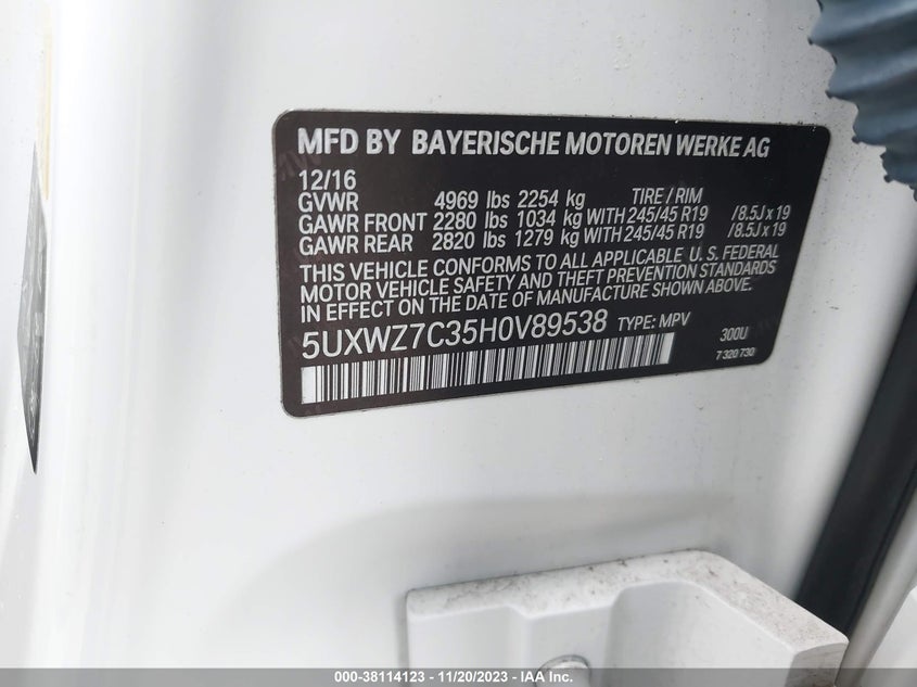 VIN 5UXWZ7C35H0V89538 2017 BMW X3 SDRIVE28I