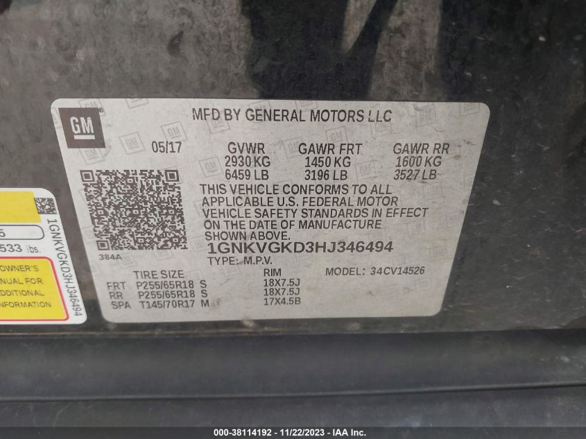 2017 CHEVROLET TRAVERSE 1LT - 1GNKVGKD3HJ346494