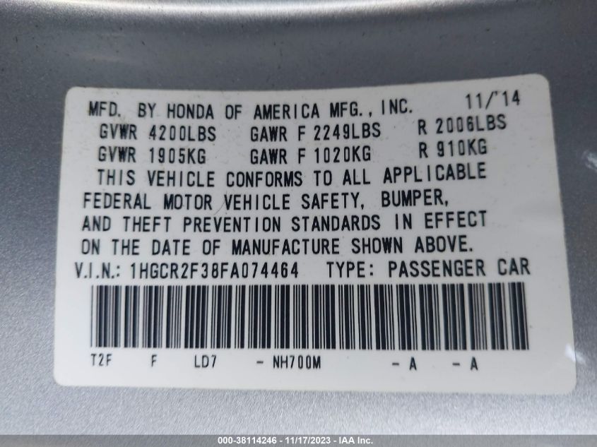 2015 HONDA ACCORD LX - 1HGCR2F38FA074464