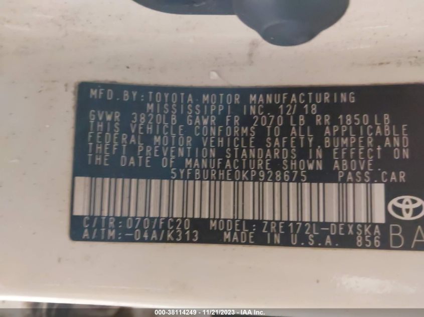 2019 TOYOTA COROLLA SE - 5YFBURHE0KP928675