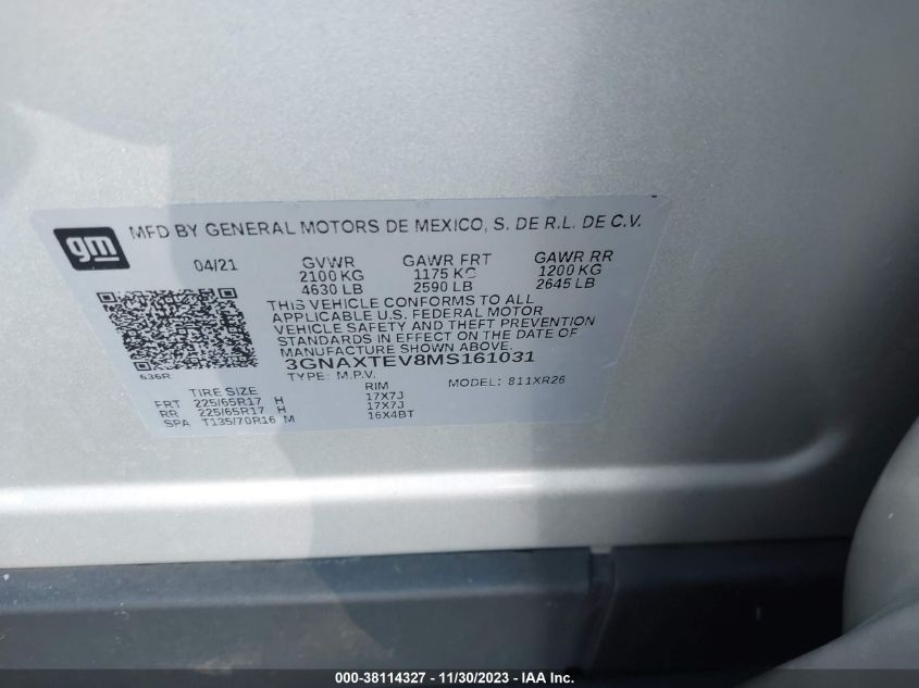 2021 CHEVROLET EQUINOX AWD 2FL - 3GNAXTEV8MS161031