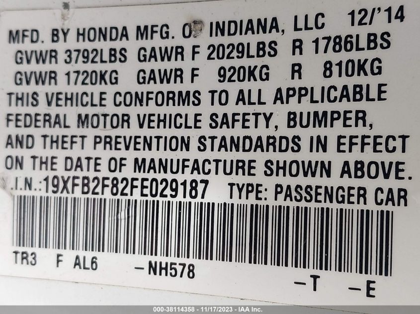 2015 HONDA CIVIC EX - 19XFB2F82FE029187
