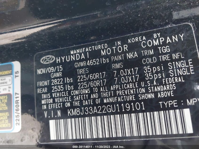 2016 HYUNDAI TUCSON ECO - KM8J33A22GU119101