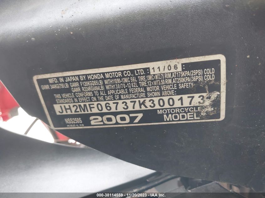 2007 HONDA NSS250 S - JH2MF06737K300173