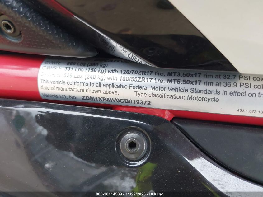 2012 DUCATI SUPERBIKE 848/848 EVO CORSE SE ZDM1XBMV0CB019372