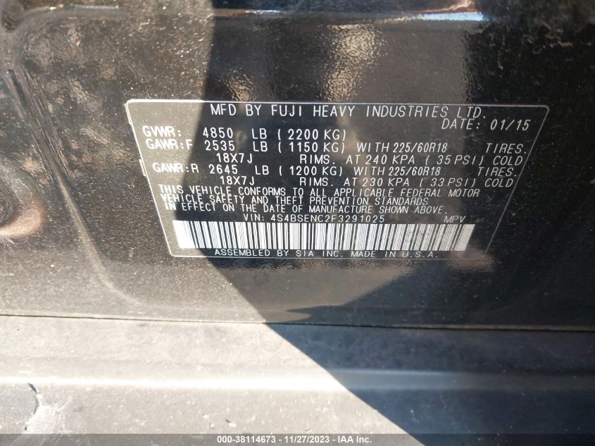 2015 SUBARU OUTBACK 3.6R LIMITED - 4S4BSENC2F3291025