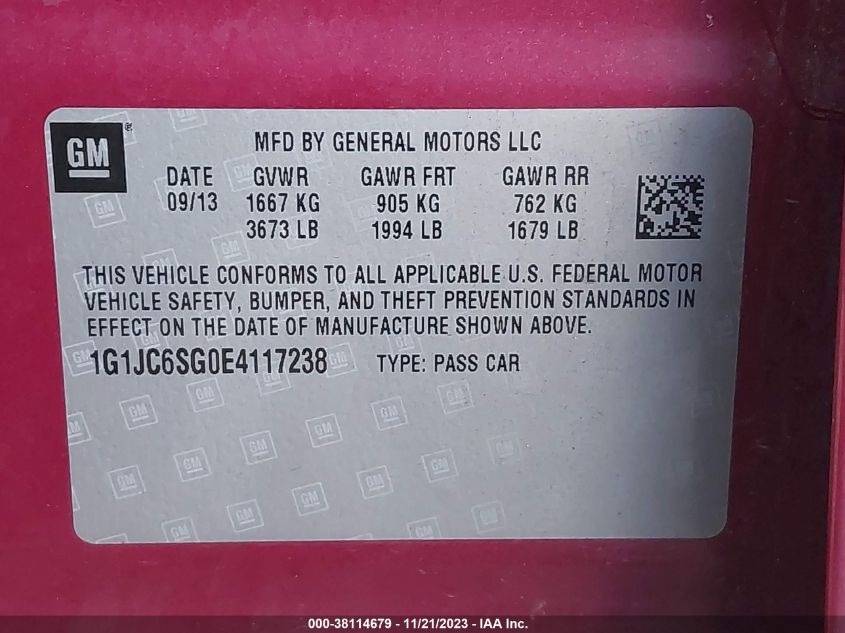 2014 CHEVROLET SONIC LT AUTO - 1G1JC6SG0E4117238