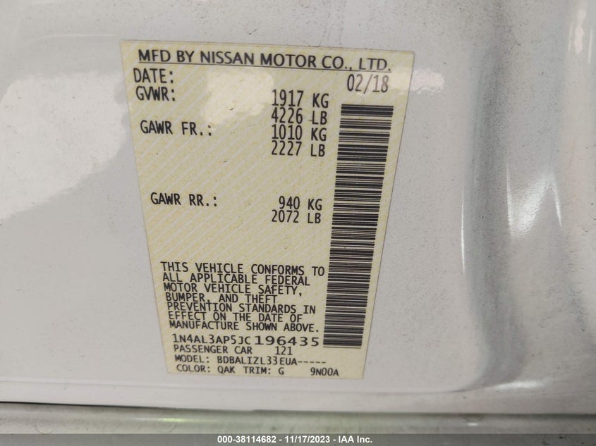 VIN 1N4AL3AP5JC196435 2018 NISSAN ALTIMA 2.5/S/SV/SL/SR