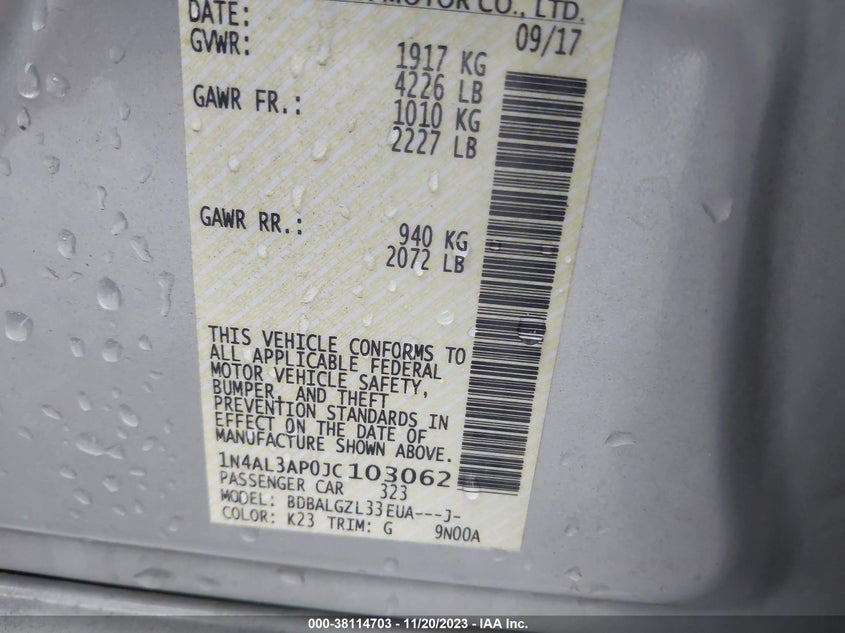 VIN 1N4AL3AP0JC103062 2018 NISSAN ALTIMA 2.5 S
