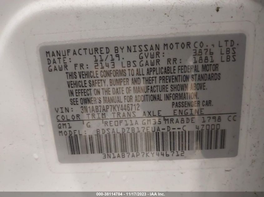 3N1AB7AP7KY446712 | 2019 NISSAN SENTRA