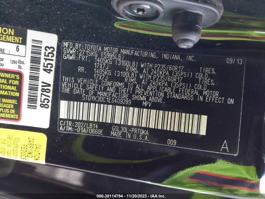 2014 TOYOTA SIENNA XLE V6 8 PASSENGER - 5TDYK3DC1ES409289