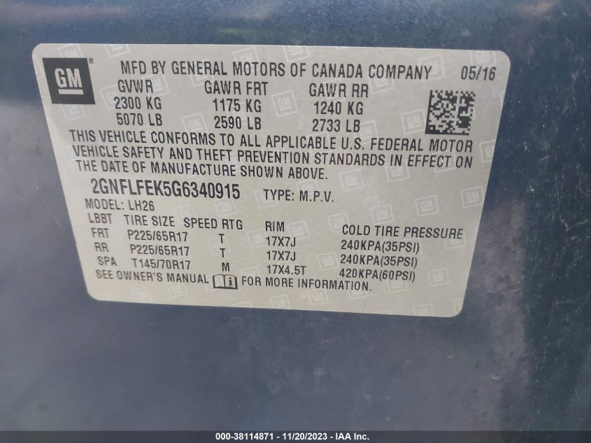 2016 CHEVROLET EQUINOX LT - 2GNFLFEK5G6340915