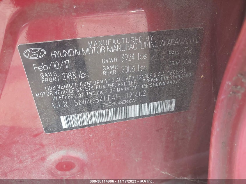 VIN 5NPD84LF4HH191602 2017 HYUNDAI ELANTRA SE/VALUE/LIMITED