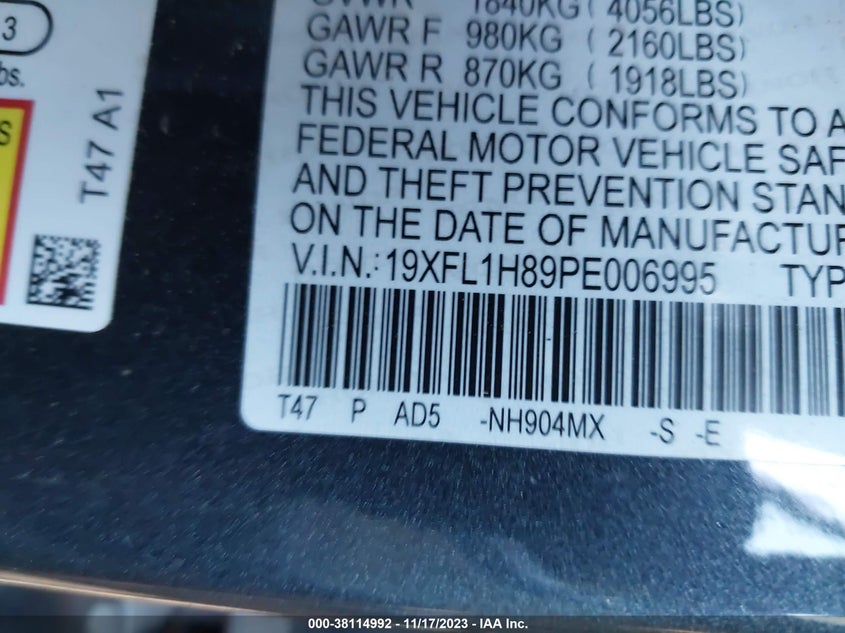 VIN 19XFL1H89PE006995 2023 HONDA CIVIC SPORT TOURING