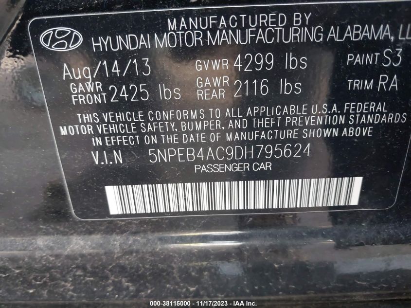 VIN 5NPEB4AC9DH795624 2013 HYUNDAI SONATA no.9