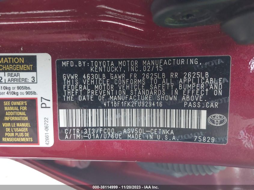 2015 TOYOTA CAMRY LE - 4T1BF1FK2FU929416