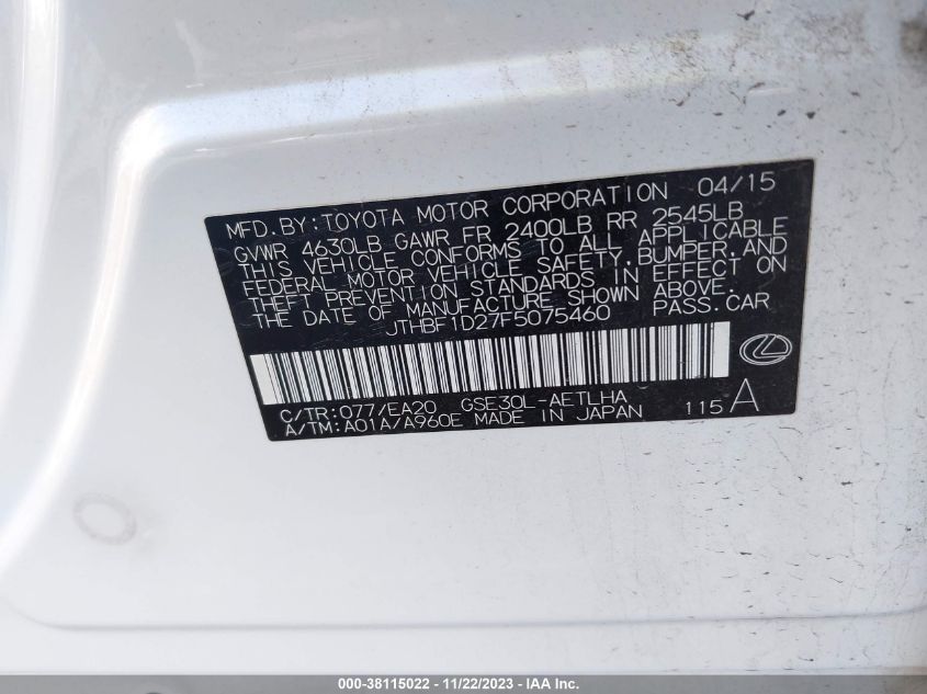 2015 LEXUS IS 250 - JTHBF1D27F5075460