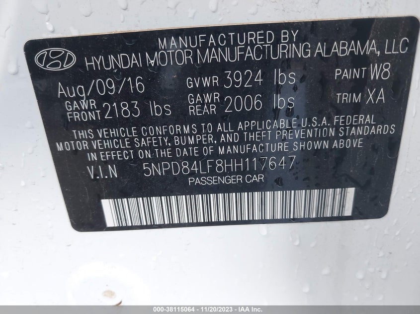 VIN 5NPD84LF8HH117647 2017 HYUNDAI ELANTRA SE
