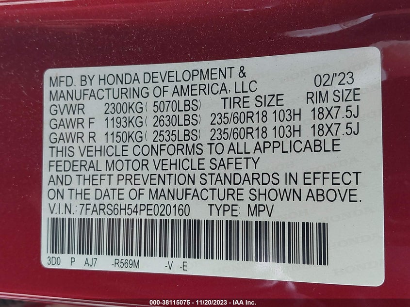 VIN 7FARS6H54PE020160 2023 HONDA CR-V HYBRID SPORT