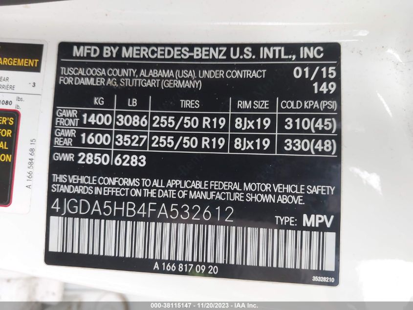 2015 MERCEDES-BENZ ML 350 4MATIC - 4JGDA5HB4FA532612