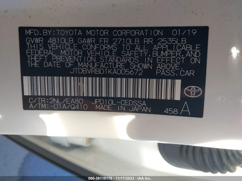 VIN JTDBVRBD1KA005672 Toyota Mirai   2019 9